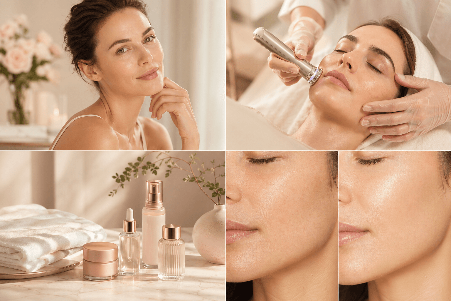 Retrato editorial de pele luminosa em clinica estetica premium